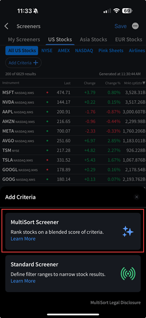 The MultiSort Screener on the iPhone